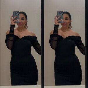 Windsor long sheer sleeve black midi bodycon off shoulder dress
